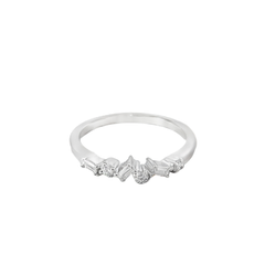 White Gold Ring Mount with Central Round Brilliant Cut Diamond and Tapered Baguette Cut Accents