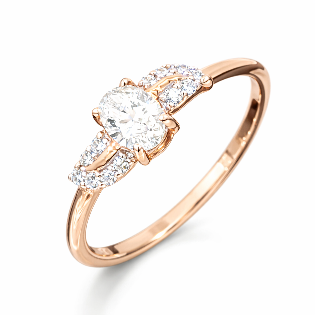 Rose gold ring with a central diamond and smaller diamonds