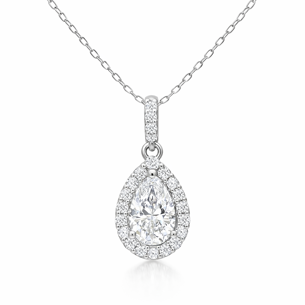 Pear Diamond Halo Pendant Necklace