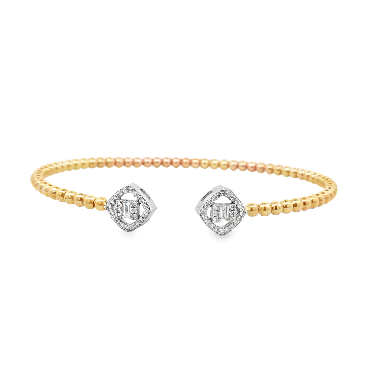 Beaded Baguette Halo Diamond Open Bangle Bracelet