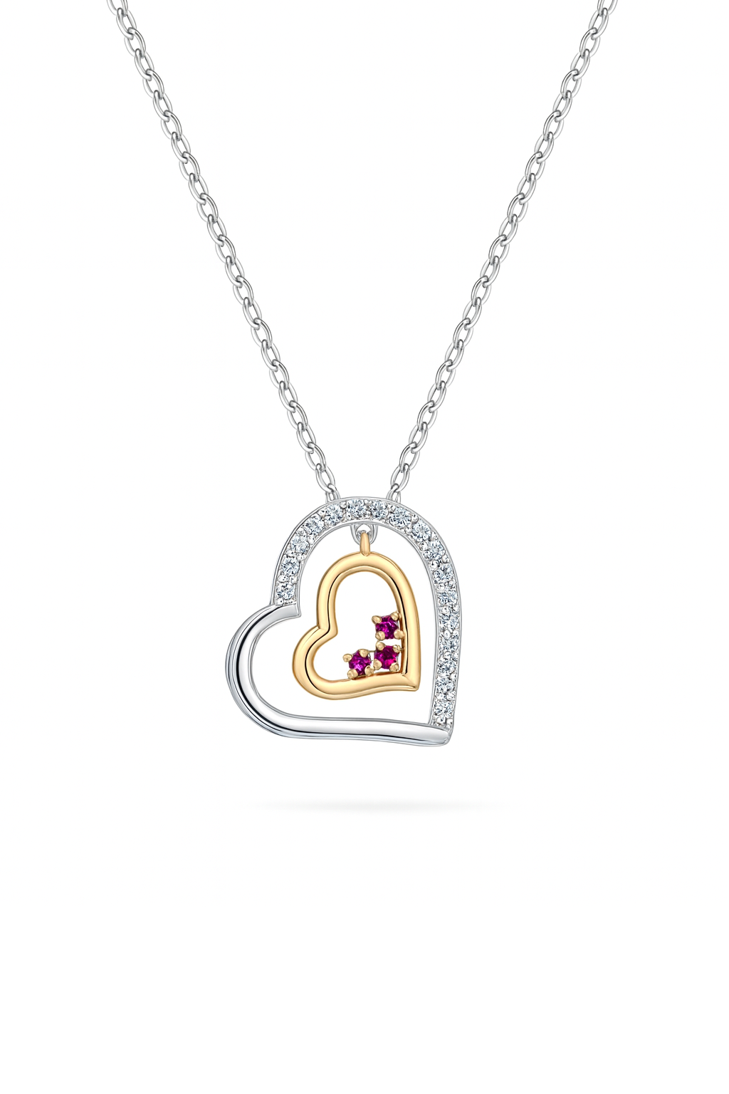Heart-shaped necklace with a gold heart and red gemstones