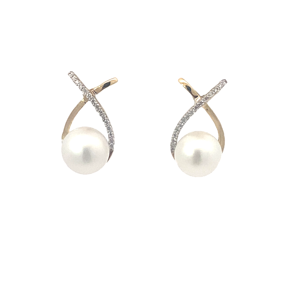 Shop Freshwater Pearl & Diamond Ribbon Stud Earrings by Amadura Jewelry. 0.11 CT natural diamonds. Visit El Korba & Citystars. IGI, GIA & HRD certificates.