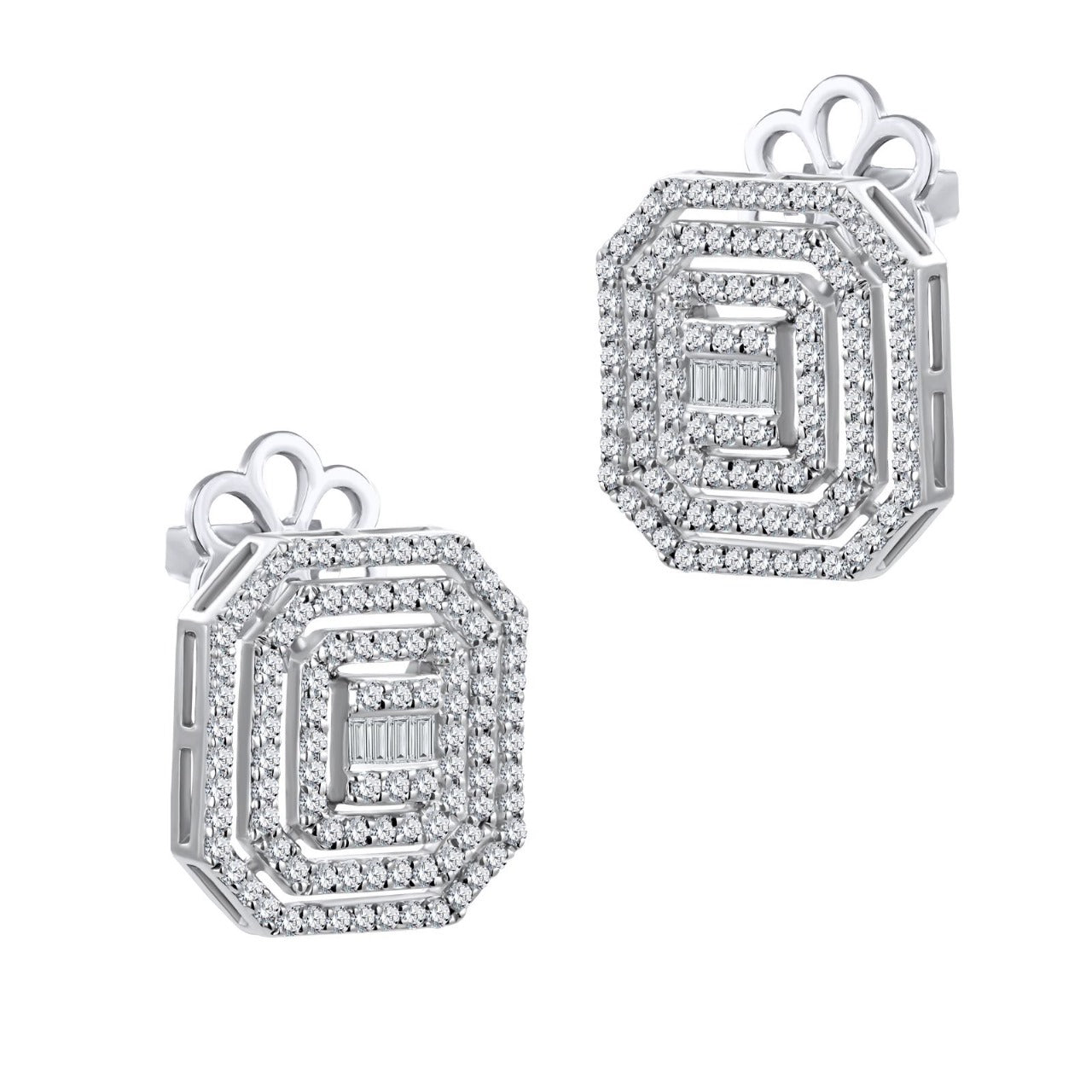 Shop Octagonal Halo Baguette Diamond Stud Earrings by Amadura Jewelry. 0.80 CT G VS1 natural diamonds. Visit El Korba & Citystars. IGI, GIA & HRD certificates. Main image