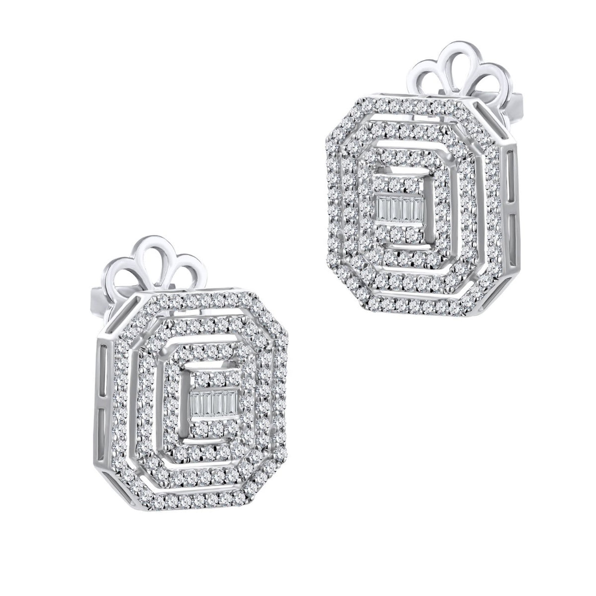 Shop 18K White Gold Octagonal Halo Baguette Diamond Stud Earrings by Amadura Jewelry. 0.80 CT G VS1 natural diamonds. Visit El Korba & Citystars. IGI, GIA & HRD certificates.
