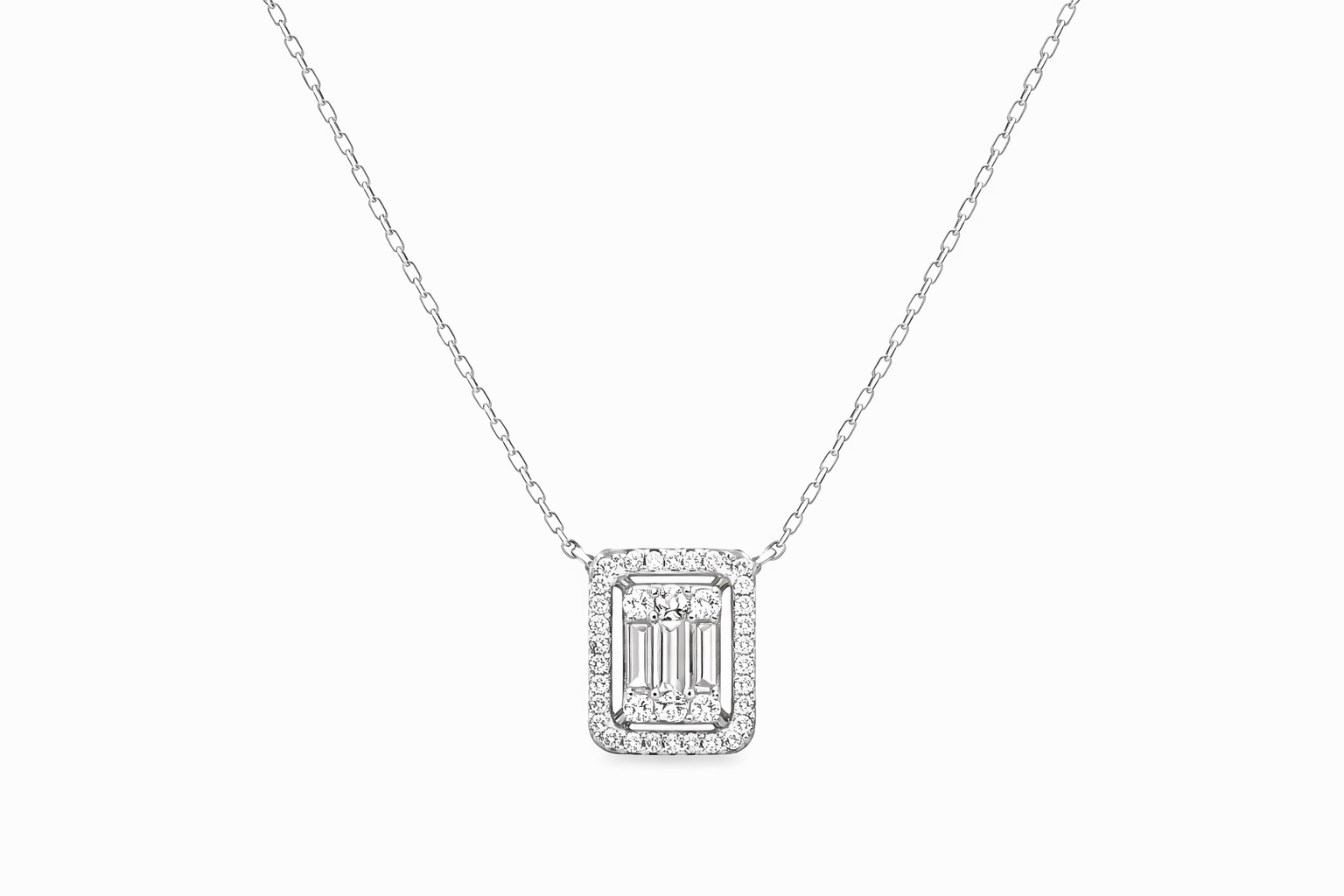 Baguette Diamond Halo Pendant Necklace