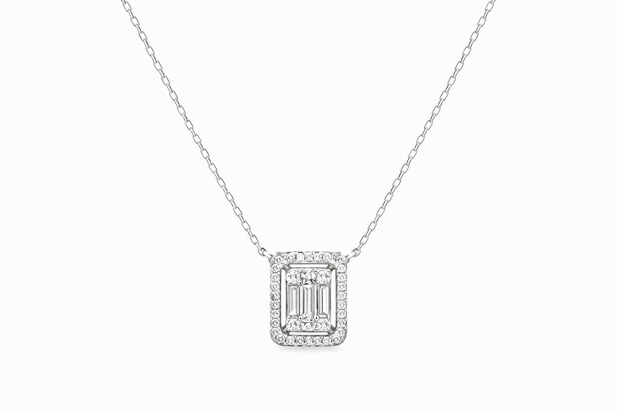 Baguette Diamond Halo Pendant Necklace