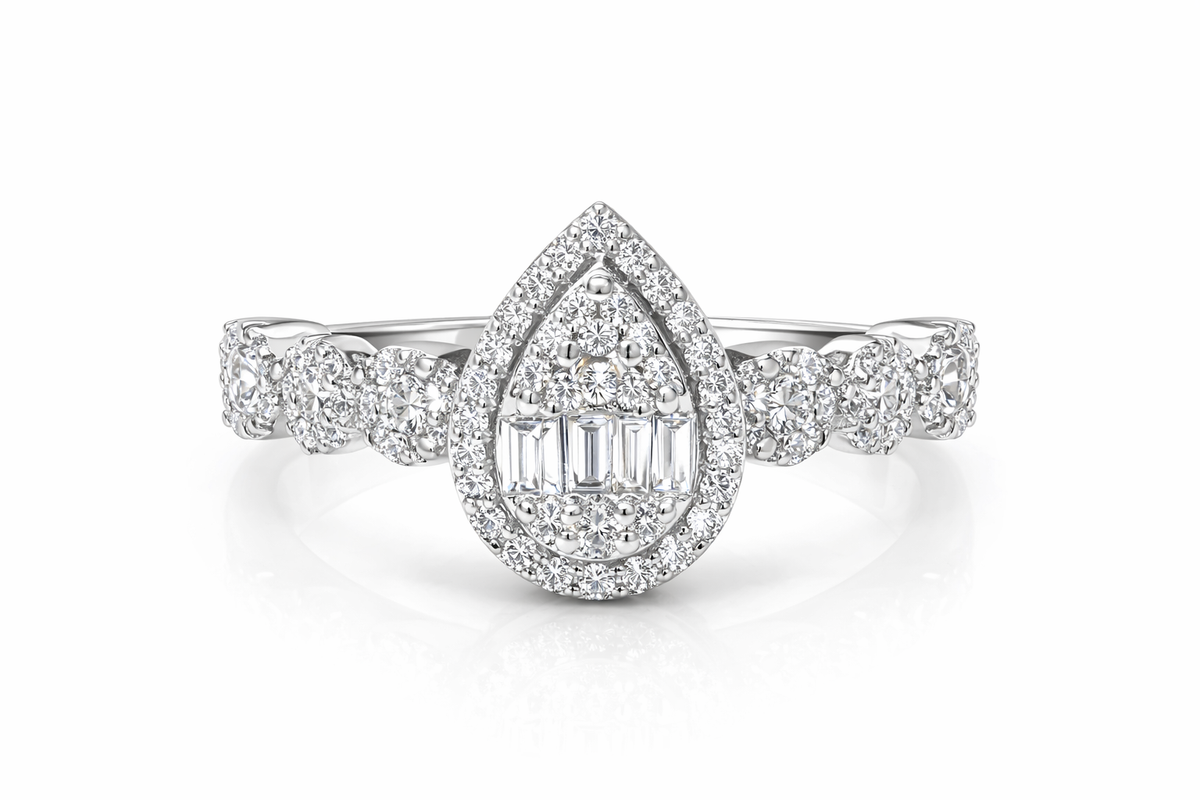 Diamond ring with a pear-shaped center stone