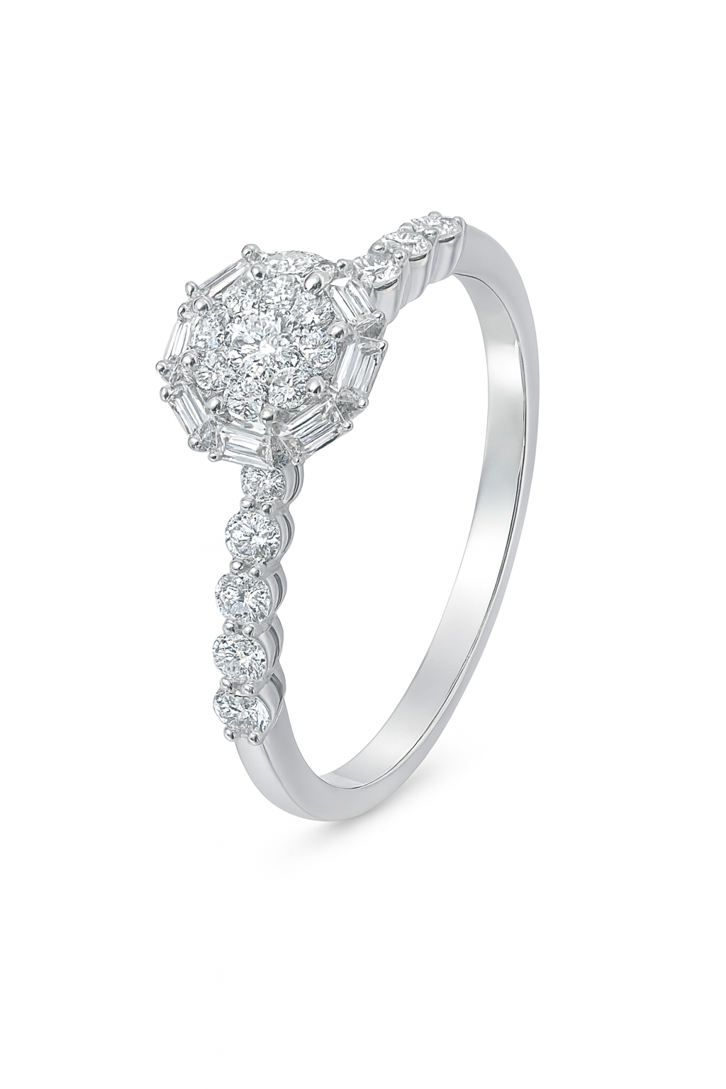 Round Halo Diamond Ring with Baguette Accents Main image